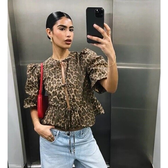 ASOS Tops - Asos Sz Mediu Tie Front Leopard Print Cotton Peplum Babydoll Top Puff Sleeve NWT